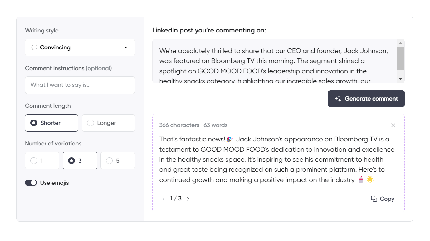 A LinkedIn post comment generation tool interface with settings to adjust writing style, comment length, and number of variations. The screen displays a LinkedIn post draft praising a CEO's TV appearance.