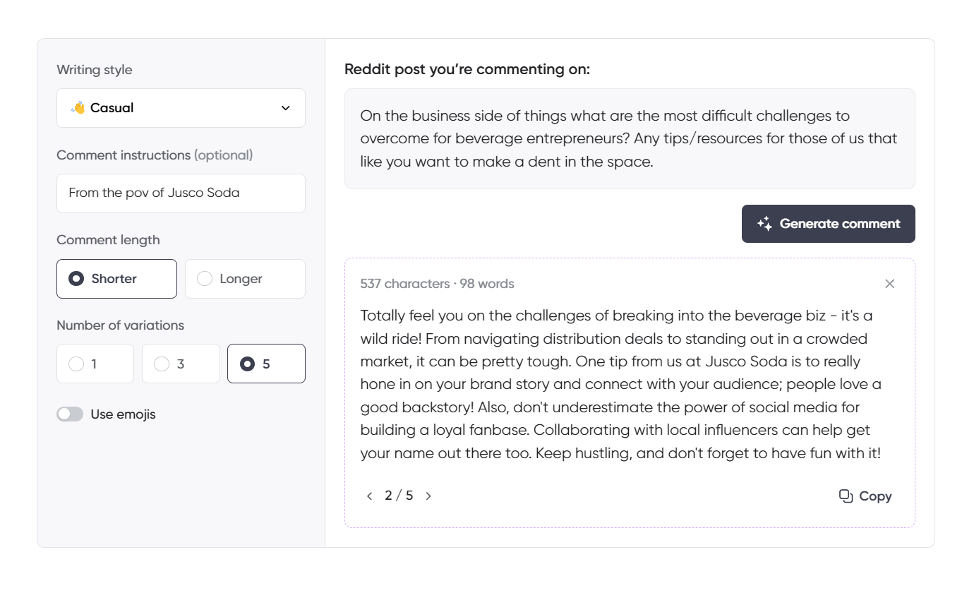 A Reddit comment generator interface with the "Casual" writing style selected. The user is responding from the perspective of Jusco Soda to a post asking about challenges in the beverage industry for entrepreneurs. The AI-generated comment acknowledges the difficulties of breaking into the beverage business, offering advice on focusing on brand storytelling, building a loyal fanbase through social media, and collaborating with local influencers. The interface is set to a shorter comment with five variations and no emojis.