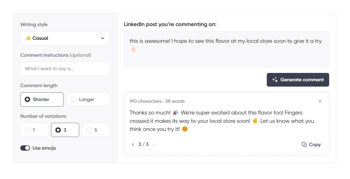 A LinkedIn post comment generation tool interface with a casual writing style selected. The screen displays a LinkedIn post draft responding to excitement about a new product flavor.