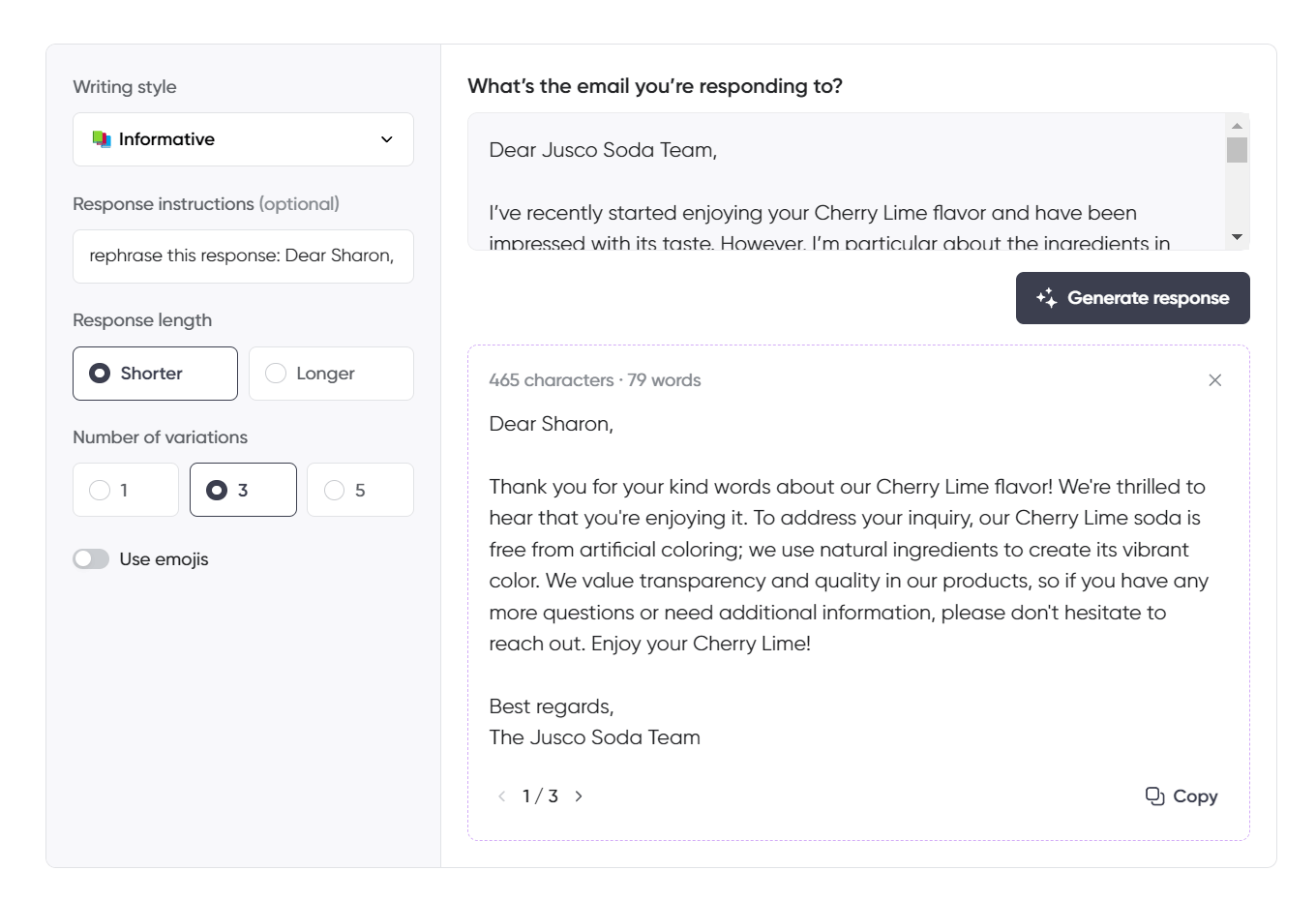 An email response generator interface with the "Informative" writing style selected. The user is responding to a customer who enjoys the Cherry Lime flavor but has concerns about its ingredients. The AI-generated response expresses gratitude for the feedback, clarifies that the soda is free from artificial coloring and uses natural ingredients, and invites the customer to reach out with further questions. The interface is set to a shorter response with three variations and no emojis.