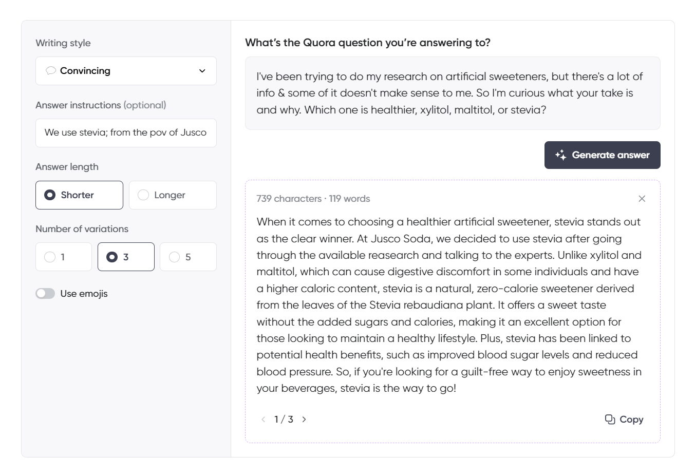 A Quora-style AI writing assistant interface with a "Convincing" writing style selected. The question asks which artificial sweetener is healthier: xylitol, maltitol, or stevia. The AI-generated response, from Jusco Soda's perspective, highlights stevia as the healthiest choice due to its natural origin, zero-calorie content, and potential health benefits. The interface options include a shorter answer length, three answer variations, and no use of emojis.