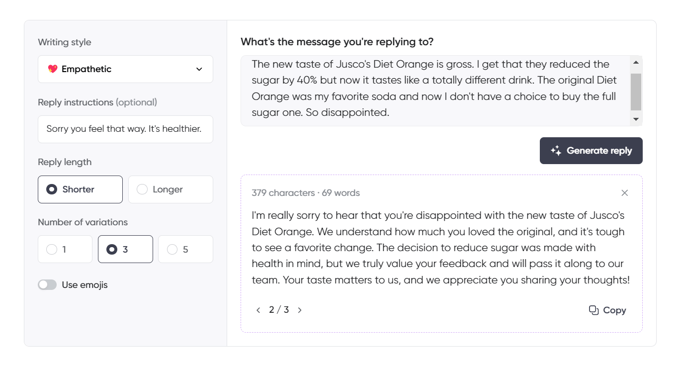 Reply generation tool interface displaying an empathetic response to a customer disappointed by the taste change in Jusco's Diet Orange, acknowledging their feelings and explaining the reason behind the change.