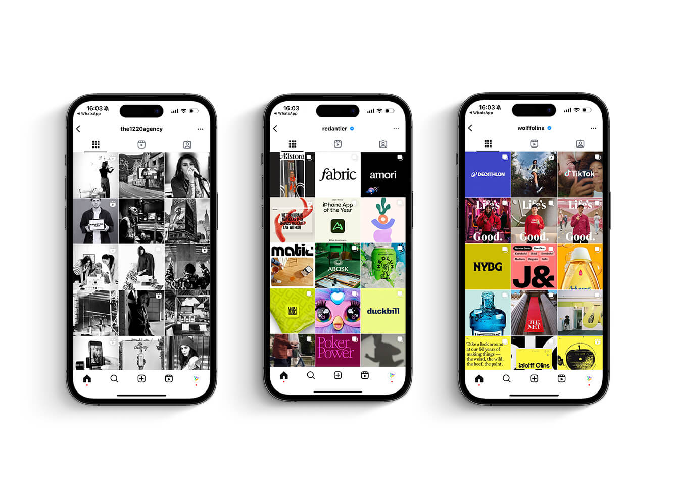 Three smartphones display Instagram profiles of marketing agencies, showcasing various posts with creative visuals and branding projects.