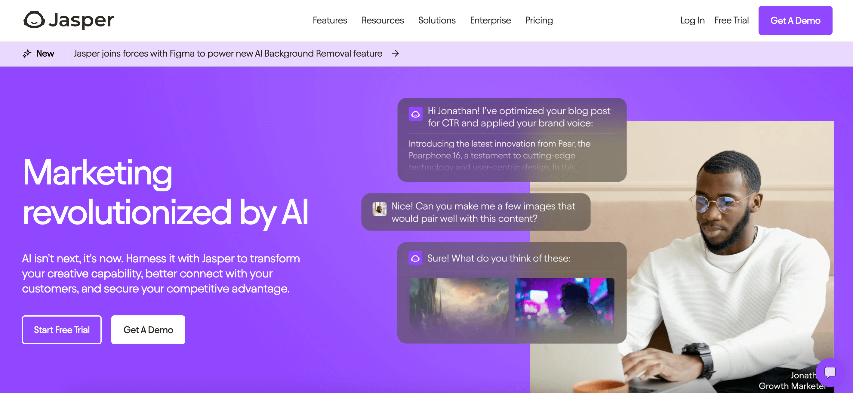 Jasper homepage banner highlighting AI-powered marketing tools with a man using a laptop and conversation bubbles showing automated content creation and image generation features.