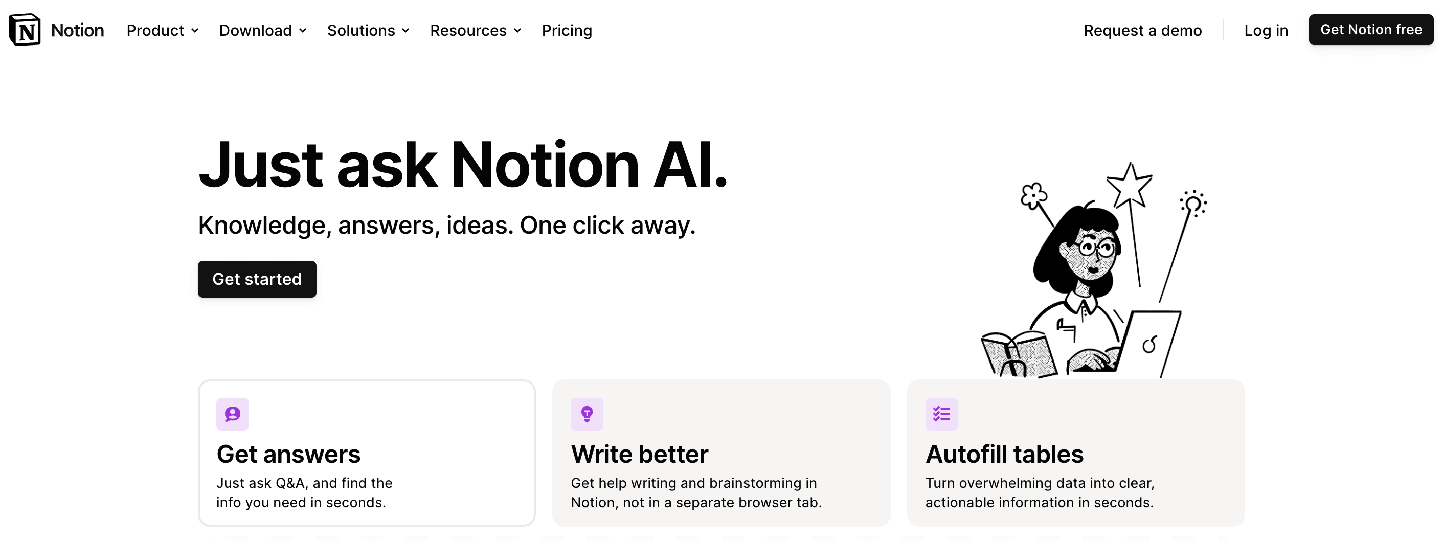 Notion AI homepage banner promoting its features like instant answers, writing assistance, and table autofill with a cartoon illustration of a person using a laptop.