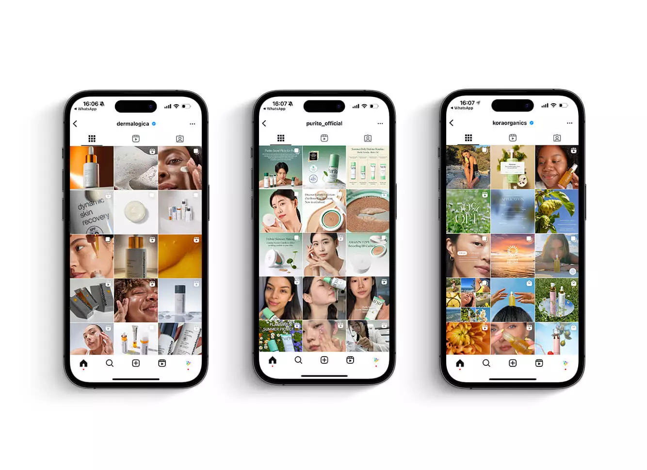 Three smartphones display Instagram profiles of skincare and beauty brands, featuring product images, skincare routines, and customer testimonials.