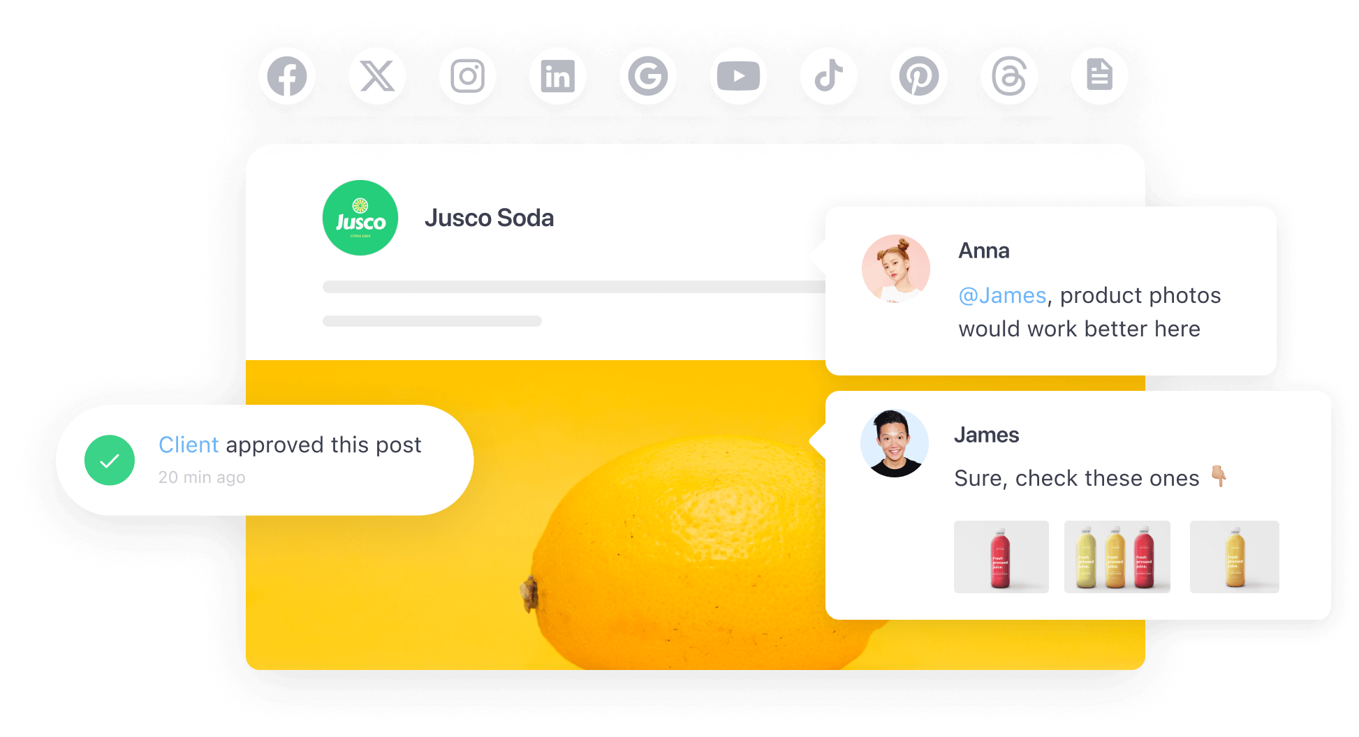 Collaboration interface in Planable showing social media post feedback, client approval, and product image suggestions for a Jusco Soda campaign.