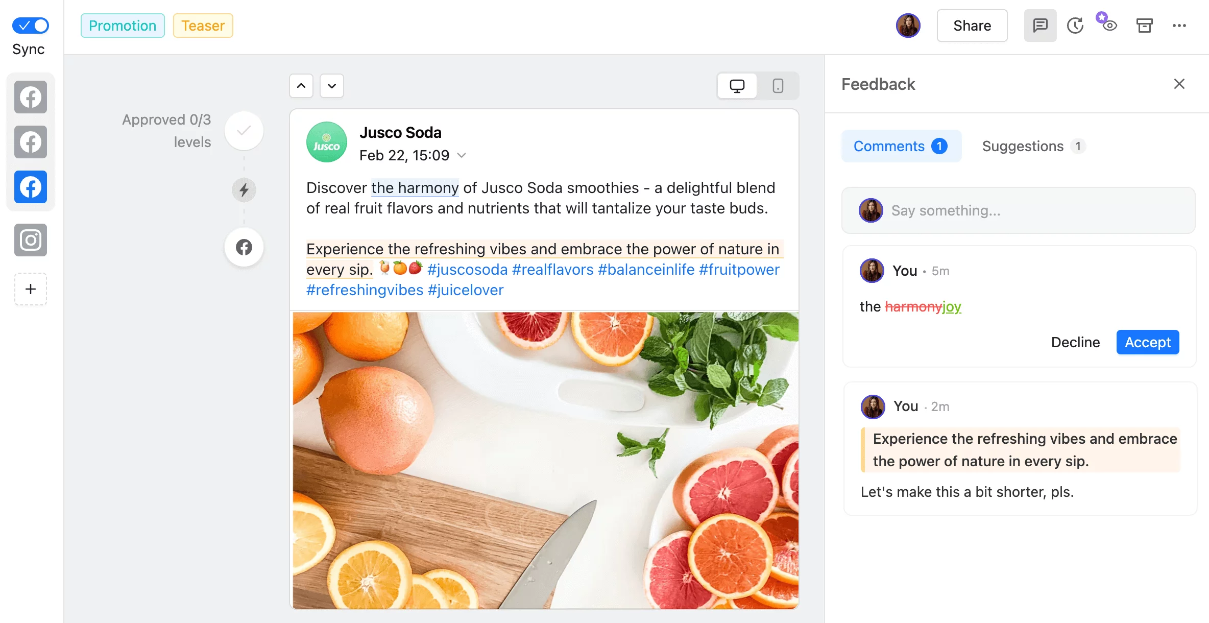 A facebook post collaboration in Planable showing a draft post with images of sliced citrus fruits, feedback comments, and content suggestions for revisions.