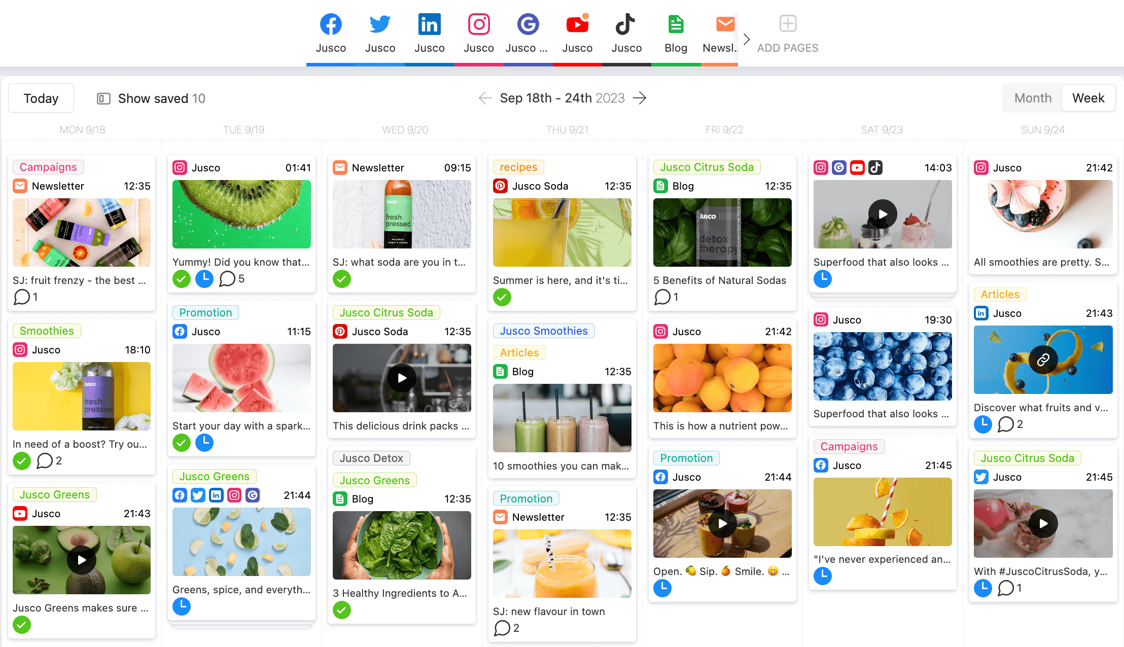 Weekly content calendar in Planable for a juice brand showcasing scheduled posts across social media platforms, with images, videos, and campaign tags.