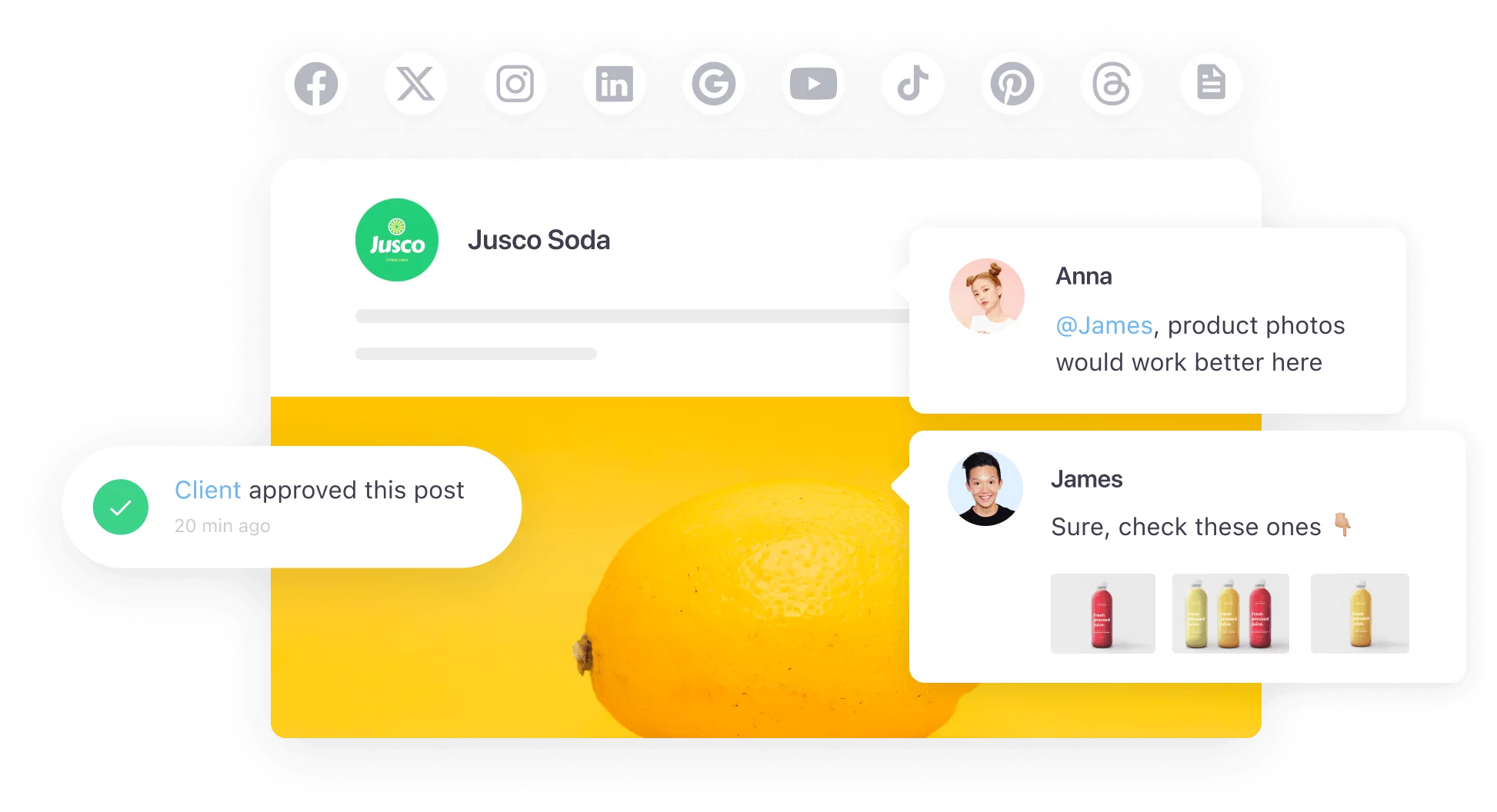 Social media post approval interface showing a Jusco Soda ad with a lemon, client approval, and suggestions for product photos.