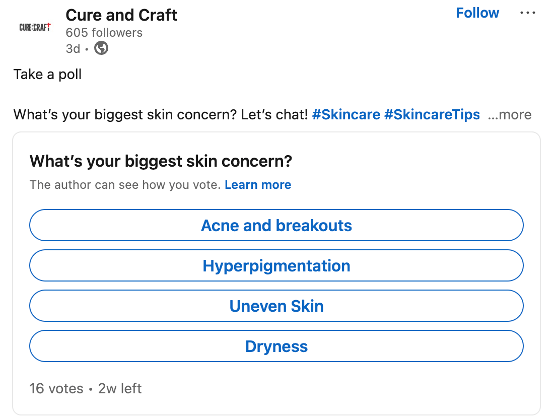 Poll by Cure and Craft asking, "What’s your biggest skin concern?" with options: Acne and breakouts, Hyperpigmentation, Uneven Skin, Dryness.