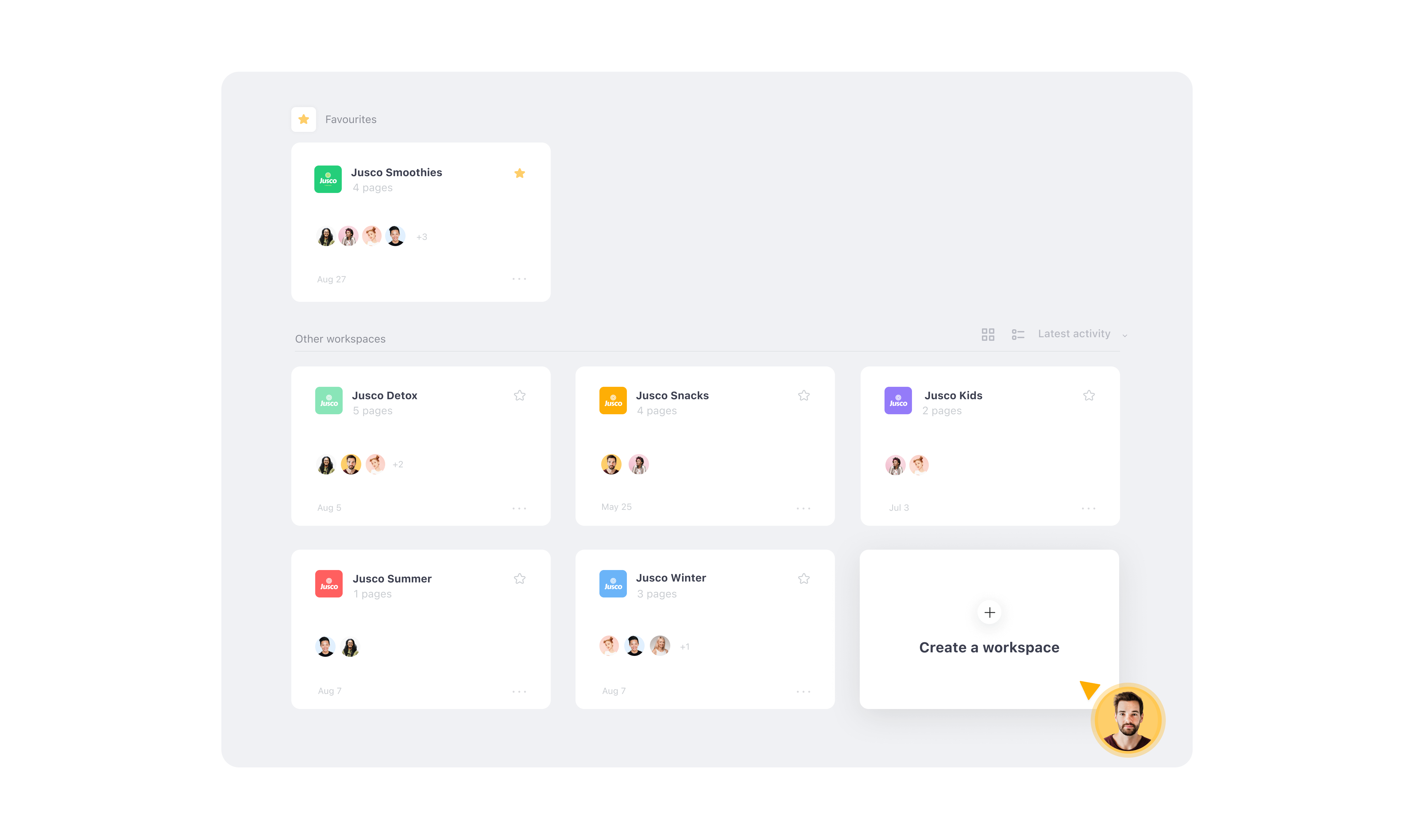 Dashboard displaying multiple workspaces for different Jusco campaigns in Planable, including smoothies, snacks, and kids, with team member avatars.