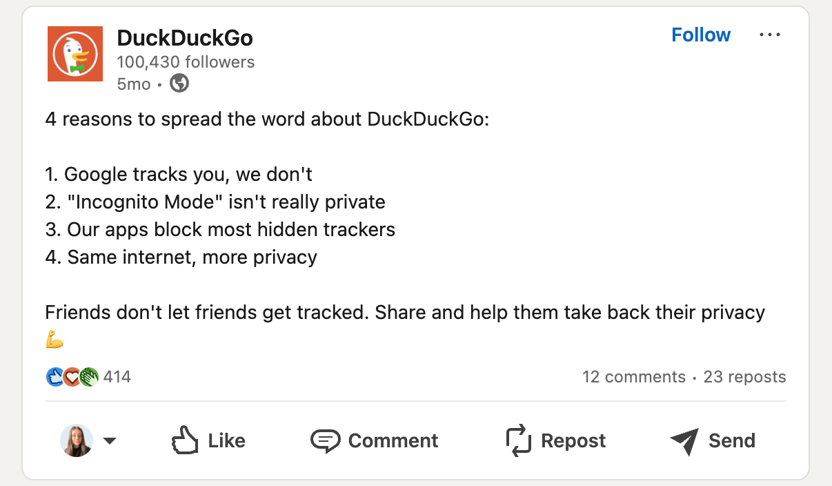 DuckDuckGo post listing four reasons to choose their service over Google, emphasizing privacy and blocking hidden trackers.