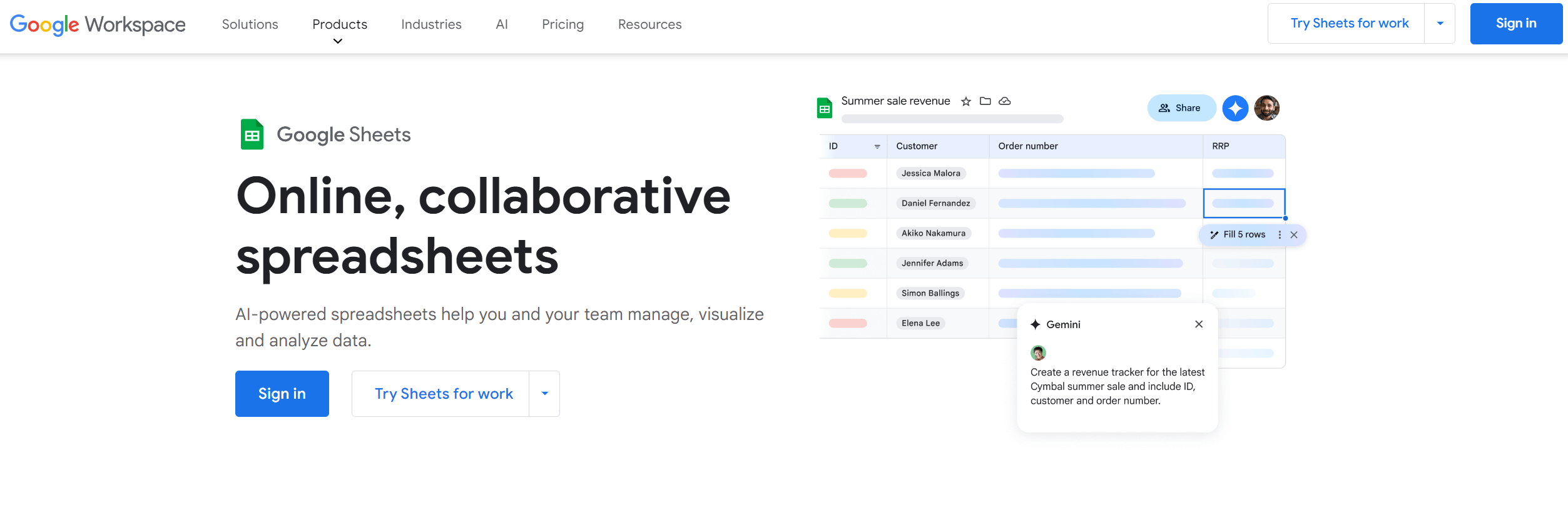 Google Sheets webpage showcasing online collaborative spreadsheets with AI-powered features for managing, visualizing, and analyzing data.