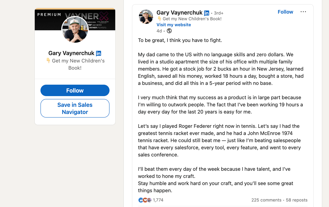 Gary Vaynerchuk LinkedIn post discussing the importance of hard work and persistence, sharing his father's immigrant story and his own dedication to success.