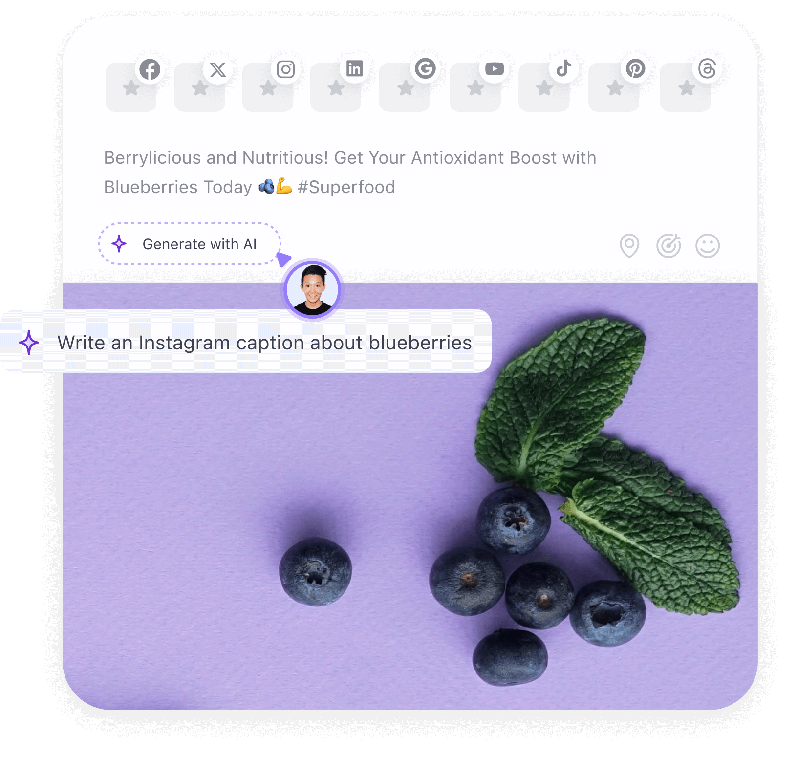 Social media post draft in Planable about blueberries featuring an AI-generated Instagram caption prompt and an image of blueberries with mint leaves on a purple background.