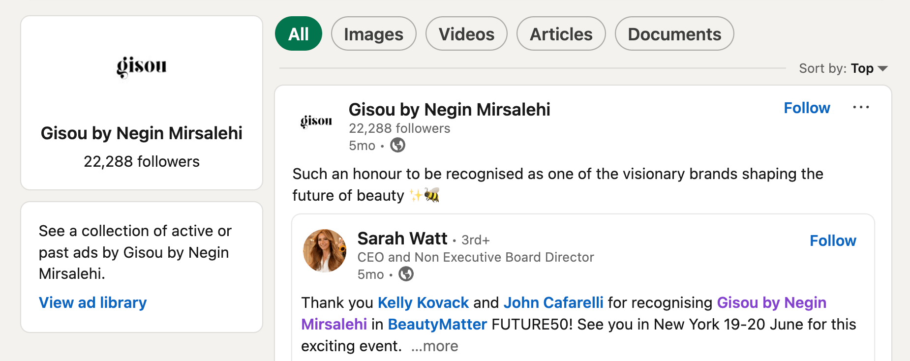 Gisou by Negin Mirsalehi LinkedIn post celebrating recognition as a visionary beauty brand, with comments from Sarah Watt expressing gratitude.