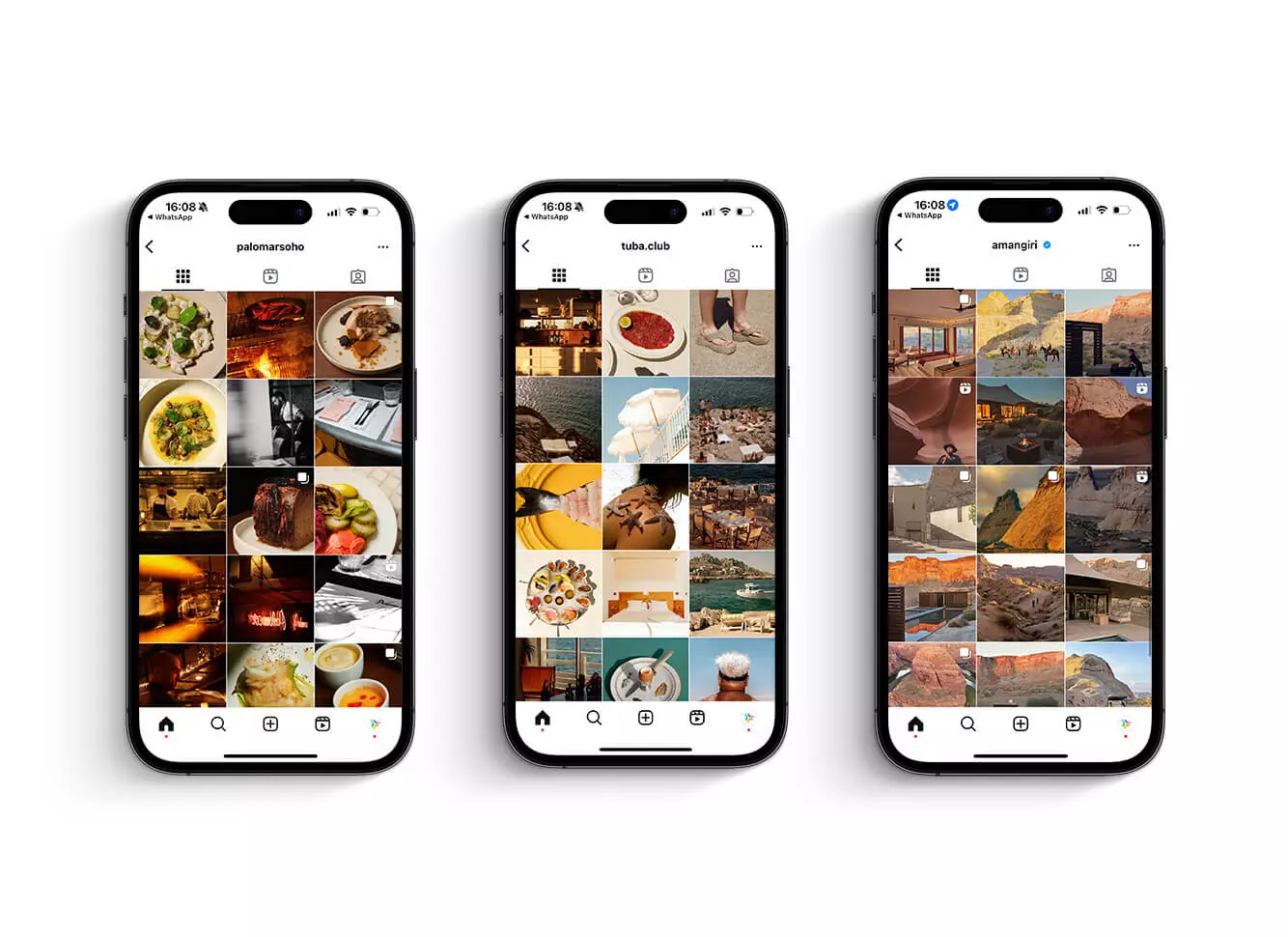 Three smartphones show Instagram profiles of Horeca agencies, highlighting gourmet dishes, dining experiences, and scenic locations from restaurants and resorts.