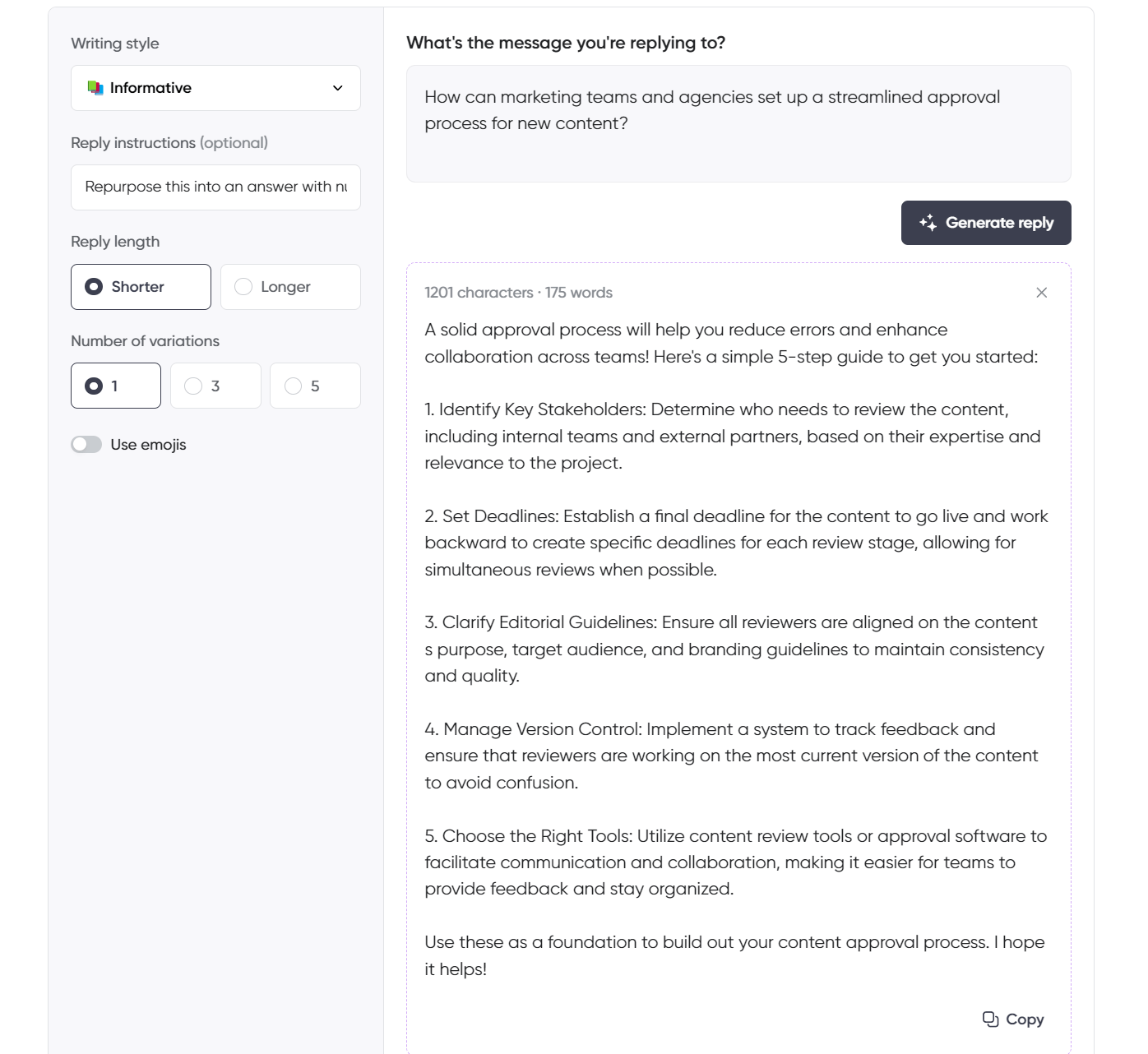 A Quora-style AI writing assistant interface with the "Informative" writing style selected. The question asks how marketing teams and agencies can set up a streamlined content approval process. The AI-generated response outlines a five-step guide, including identifying key stakeholders, setting deadlines, clarifying editorial guidelines, managing version control, and choosing the right tools. The interface is set to generate a shorter reply with one variation and no emojis.