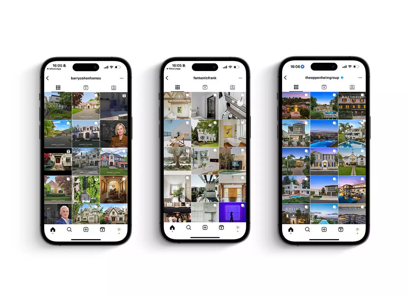 Three smartphones display Instagram profiles of real estate agencies, featuring luxury homes, interior designs, and sold properties.