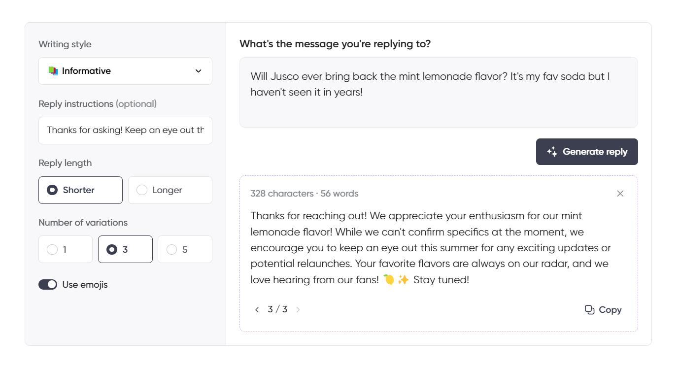 Reply generation tool interface showing an informative response to a customer inquiry about the return of Jusco's mint lemonade flavor, encouraging them to watch for updates.
