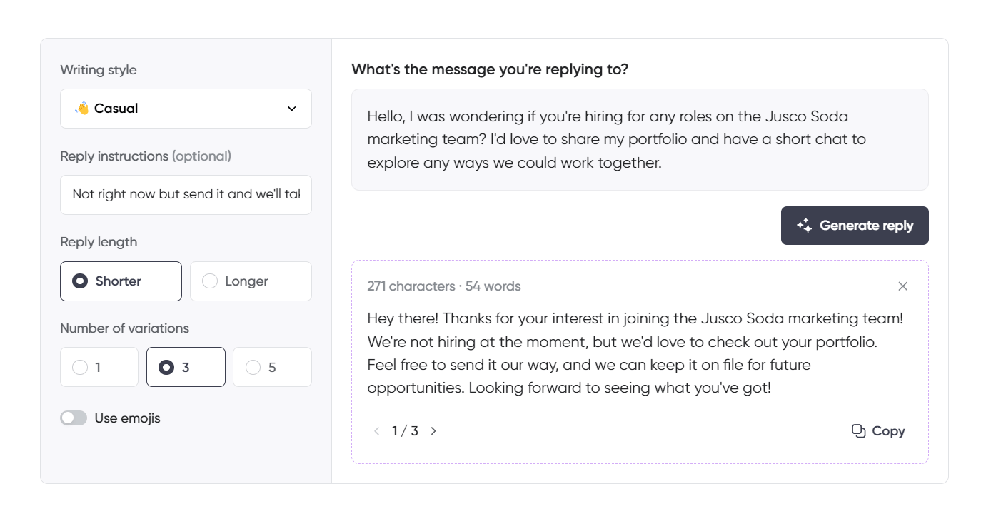 Reply generation tool interface showing a casual response to an inquiry about job opportunities at Jusco Soda, inviting the applicant to submit their portfolio for future consideration.