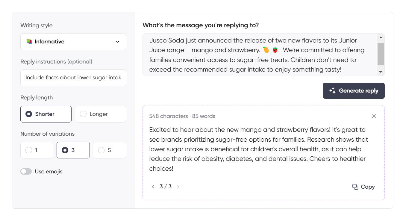 Reply generation tool interface with an informative response about Jusco Soda’s new sugar-free mango and strawberry Junior Juice flavors, highlighting health benefits for children.