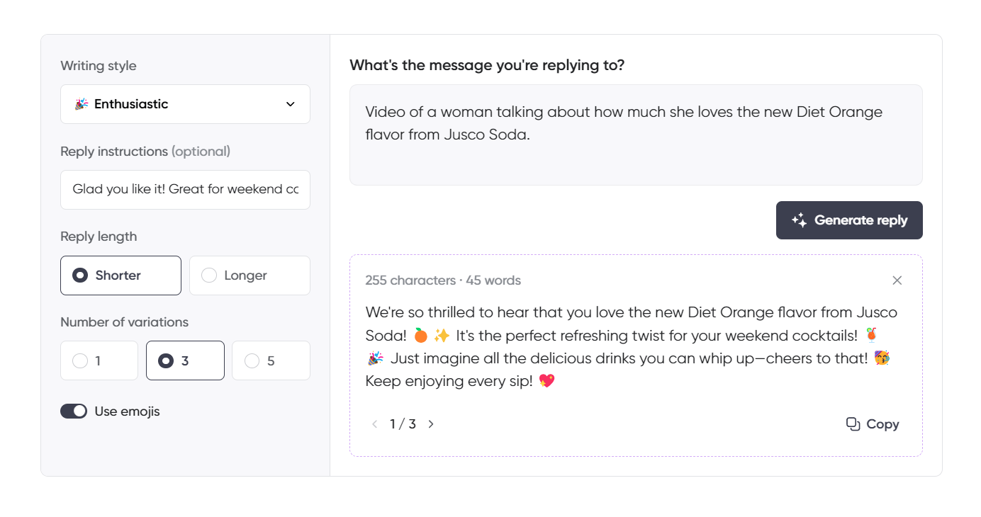 Reply generation tool interface showing an enthusiastic response to a customer’s feedback on Jusco Soda's new Diet Orange flavor, with settings for tone, length, and emoji usage.