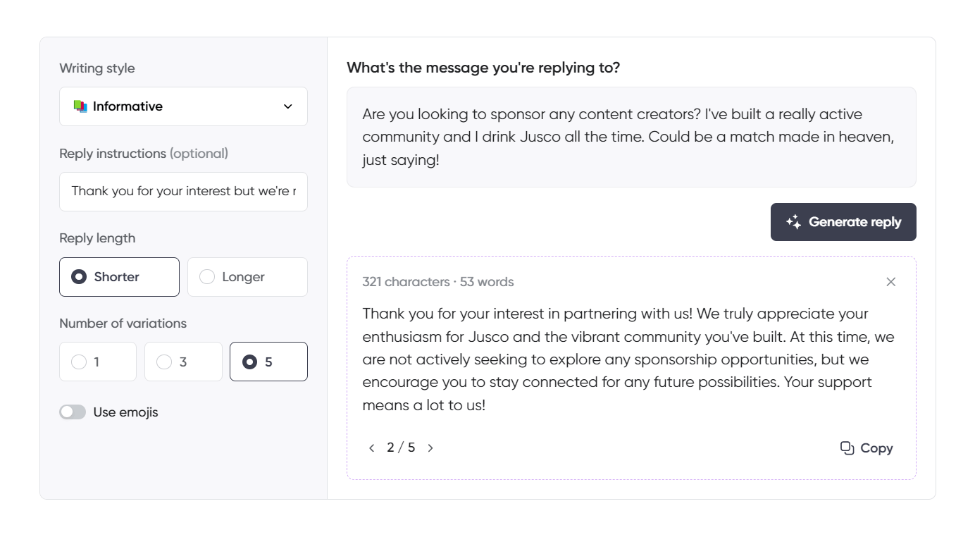 Reply generation tool interface displaying an informative response to a content creator's inquiry about sponsorship, expressing appreciation for their enthusiasm while noting that Jusco isn't currently exploring sponsorship opportunities.