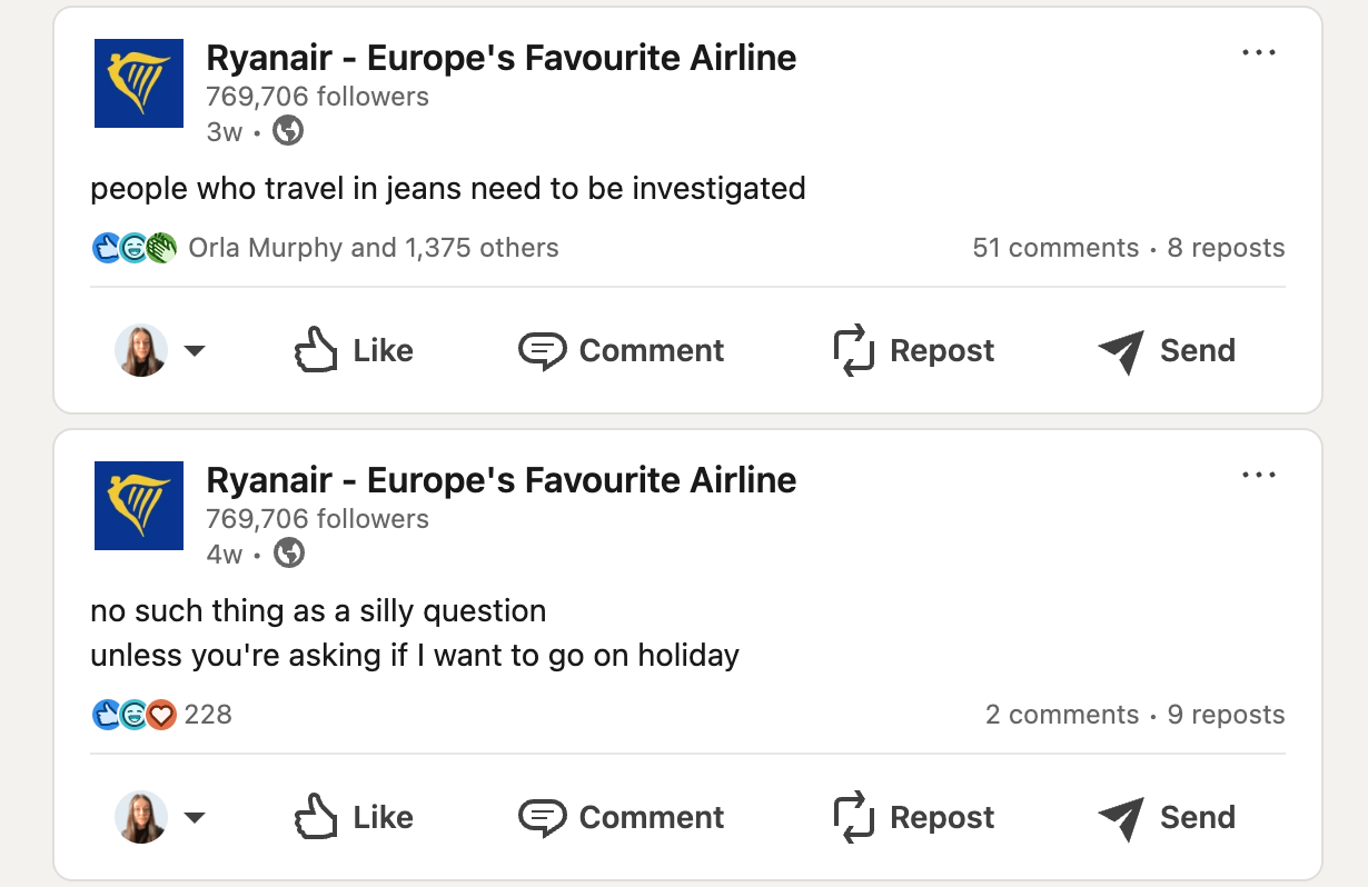 Two Ryanair LinkedIn posts. The first jokes about travelers wearing jeans; the second mentions no silly questions, except about vacations.