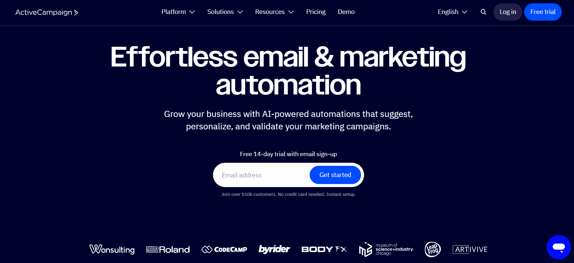 ActiveCampaign homepage banner promoting AI-powered email and marketing automation with a call to action for a free 14-day trial and partner logos displayed below.