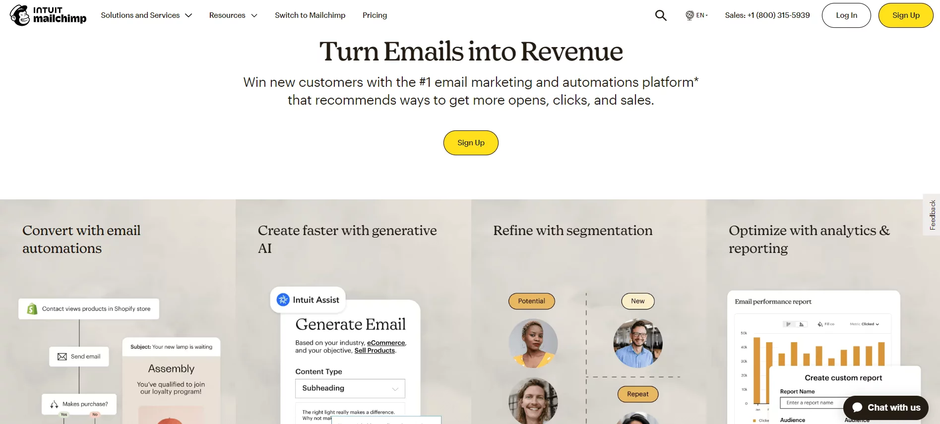 Mailchimp homepage banner promoting its email marketing platform with features like automations, generative AI, segmentation, and analytics for better engagement.