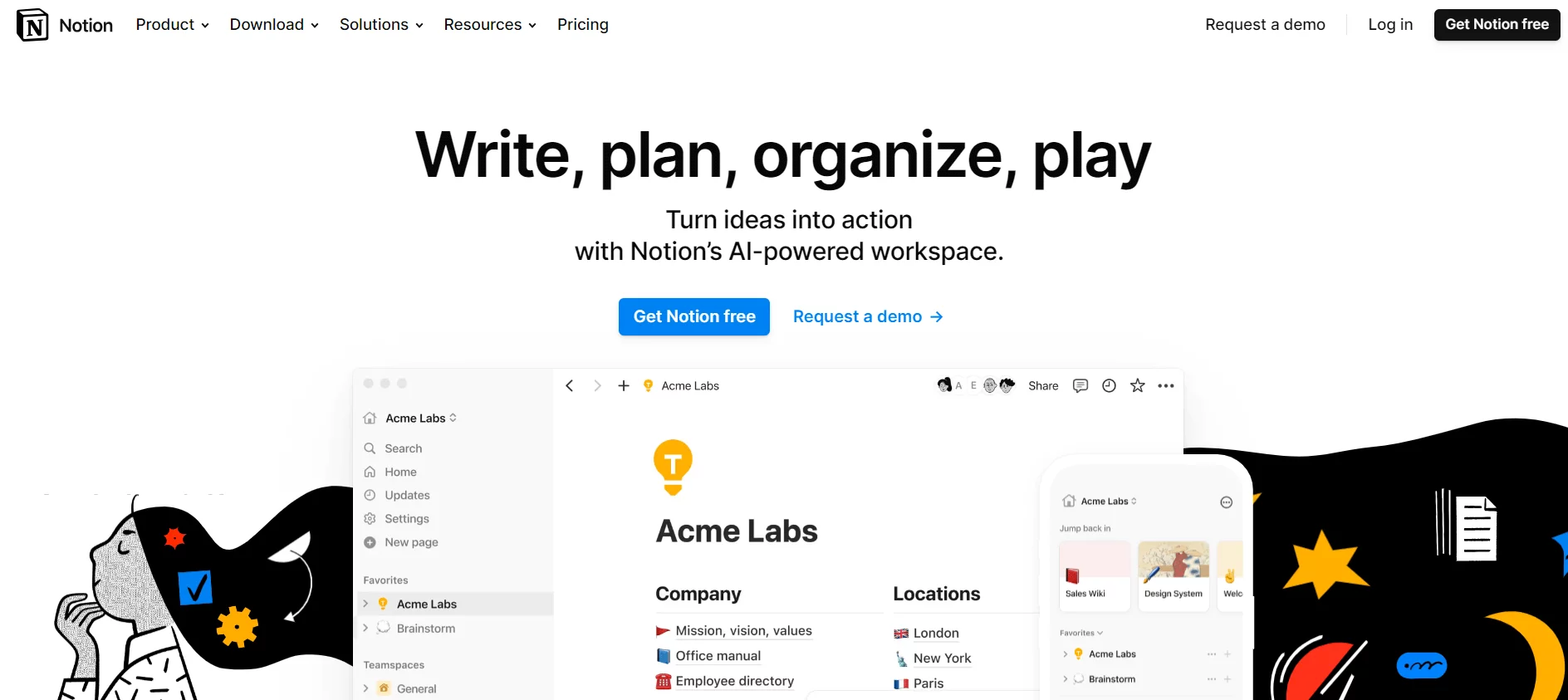 Notion homepage banner promoting its AI-powered workspace with a screenshot of organizational tools and an illustration of creative thinking.