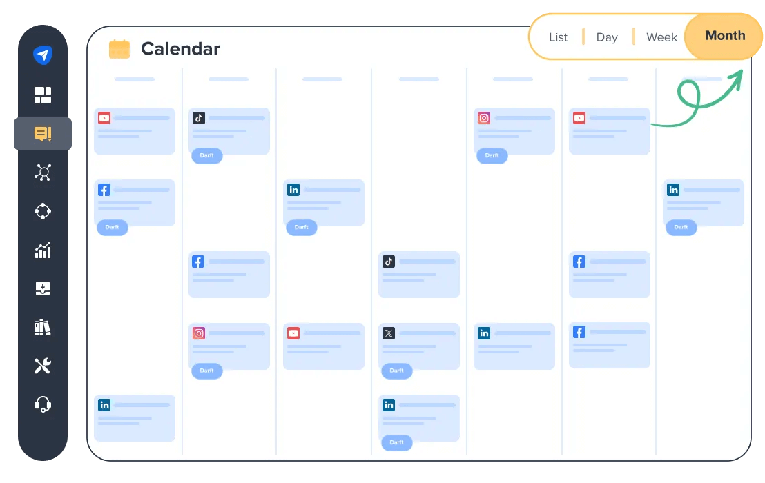 Social Pilot's social media content calendar in monthly view displaying scheduled drafts for posts across multiple platforms like LinkedIn, Facebook, and Instagram.