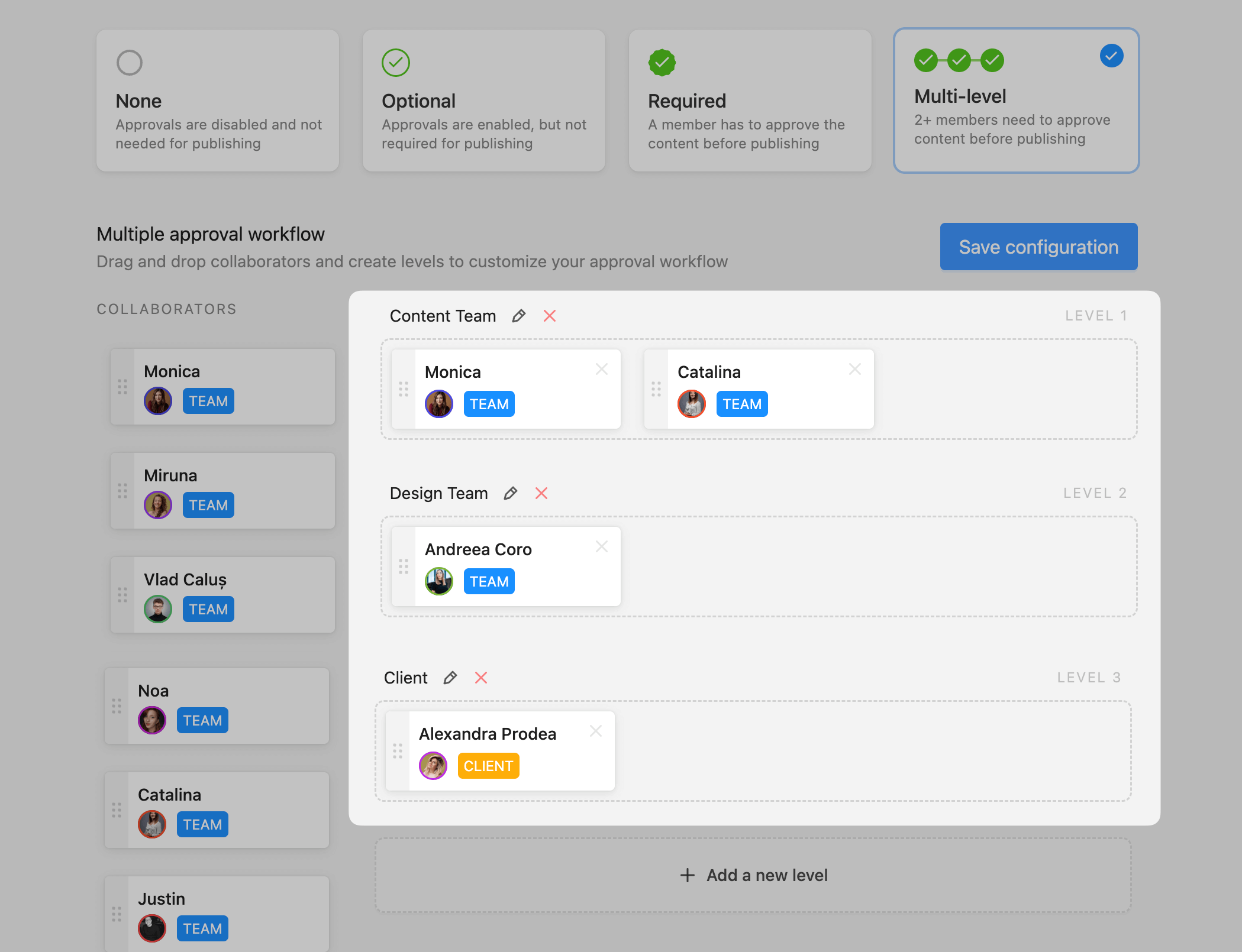 Multi-level approval workflow setup with team members assigned to content, design, and client review stages in Planable