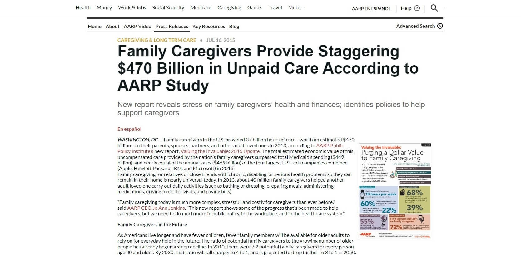 AARP report headline about family caregivers providing $470 billion in unpaid care, highlighting the economic and emotional impact.