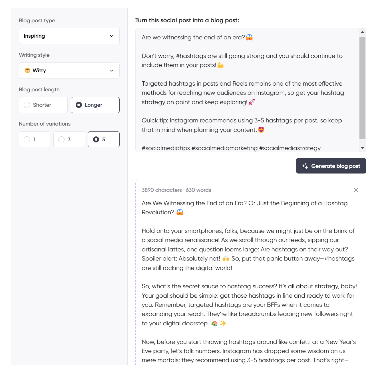 A social media to blog post generation tool interface focused on hashtags, featuring options for inspiring content, witty writing style, and longer post length.