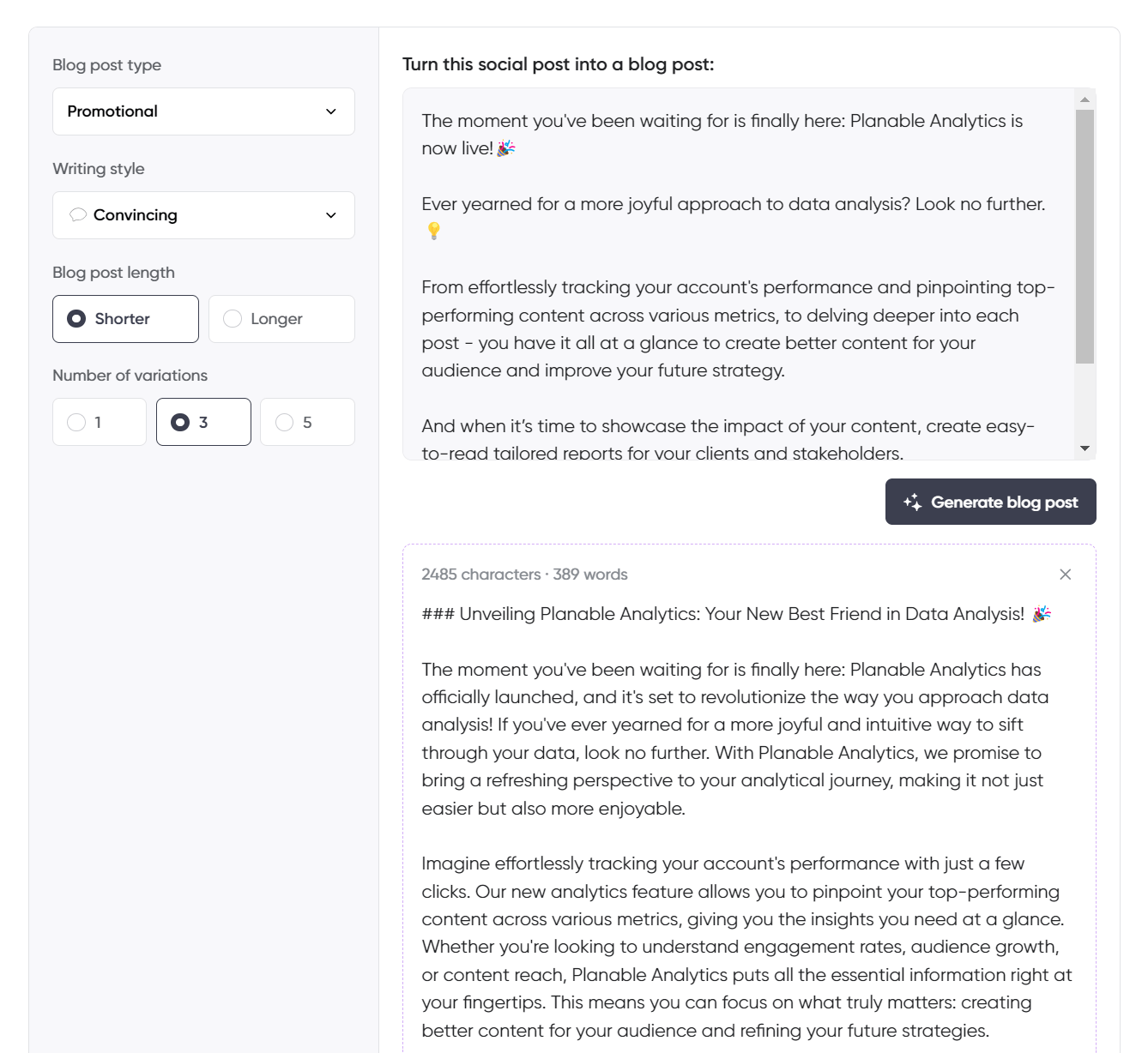 A social media to blog post generation tool interface promoting the launch of Planable Analytics, with options for convincing writing style, shorter post length, and variations.