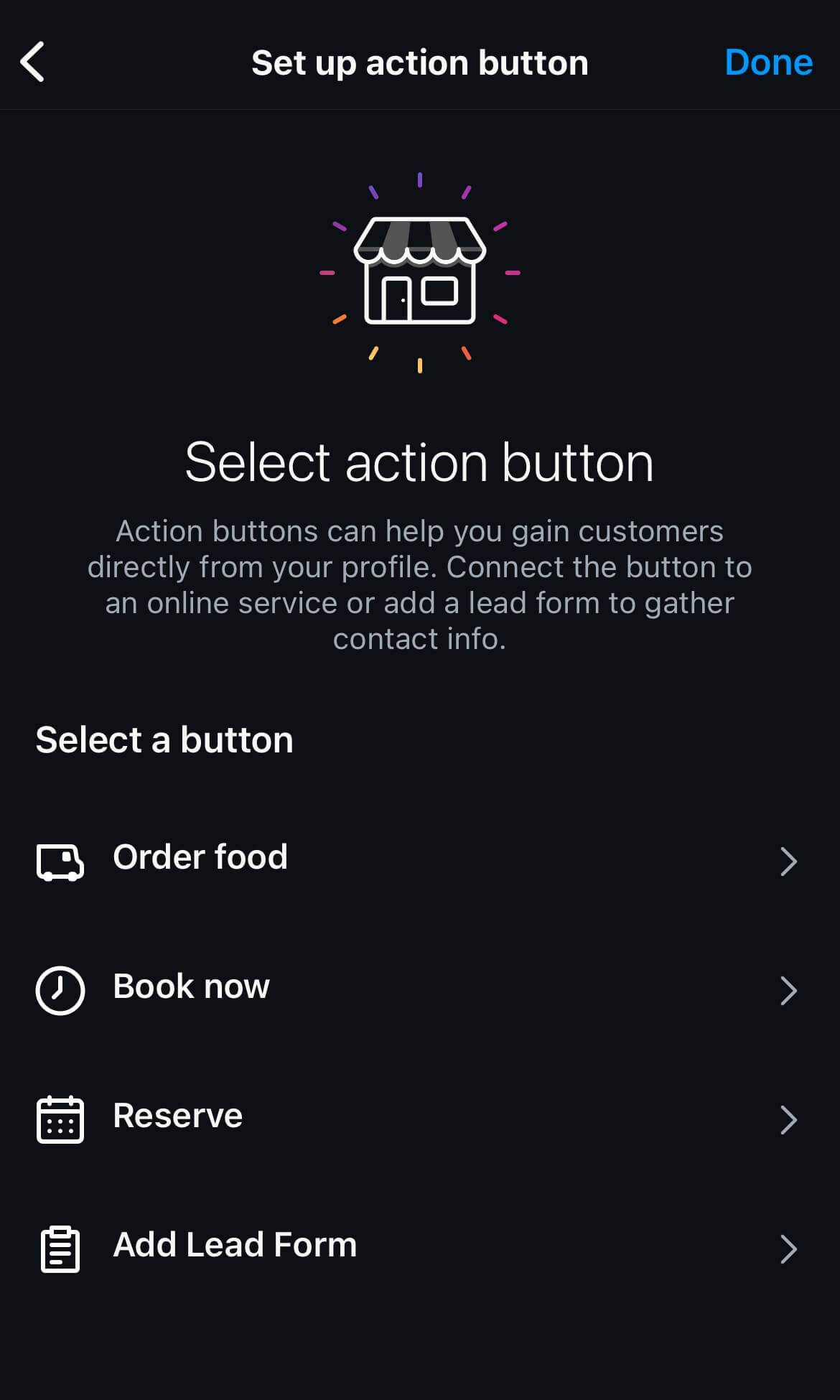 Instagram action button setup screen with options to order food, book now, reserve, or add a lead form for customer engagement.