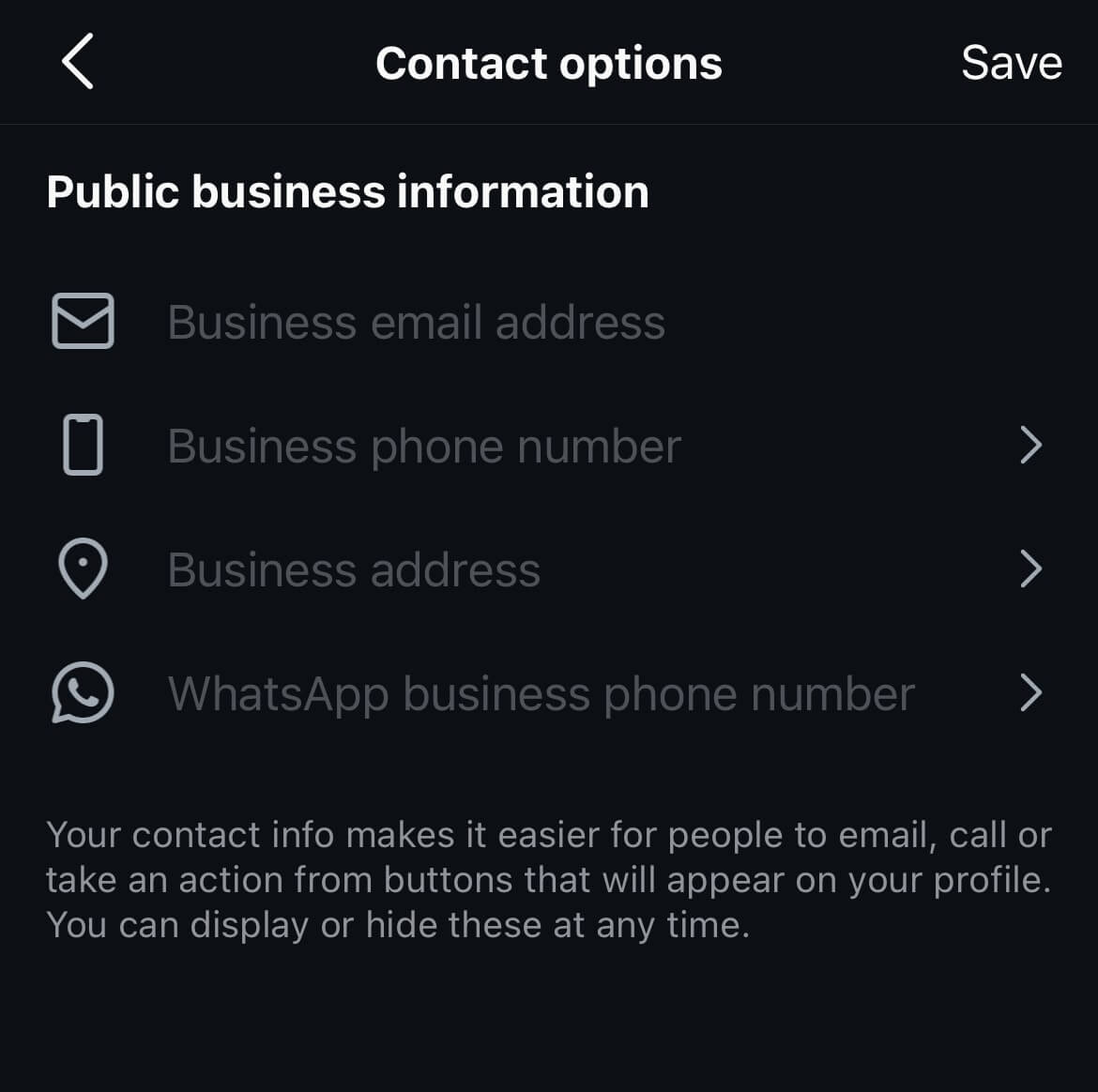 Instagram contact options screen displaying public business information fields for email, phone number, address, and WhatsApp business number.