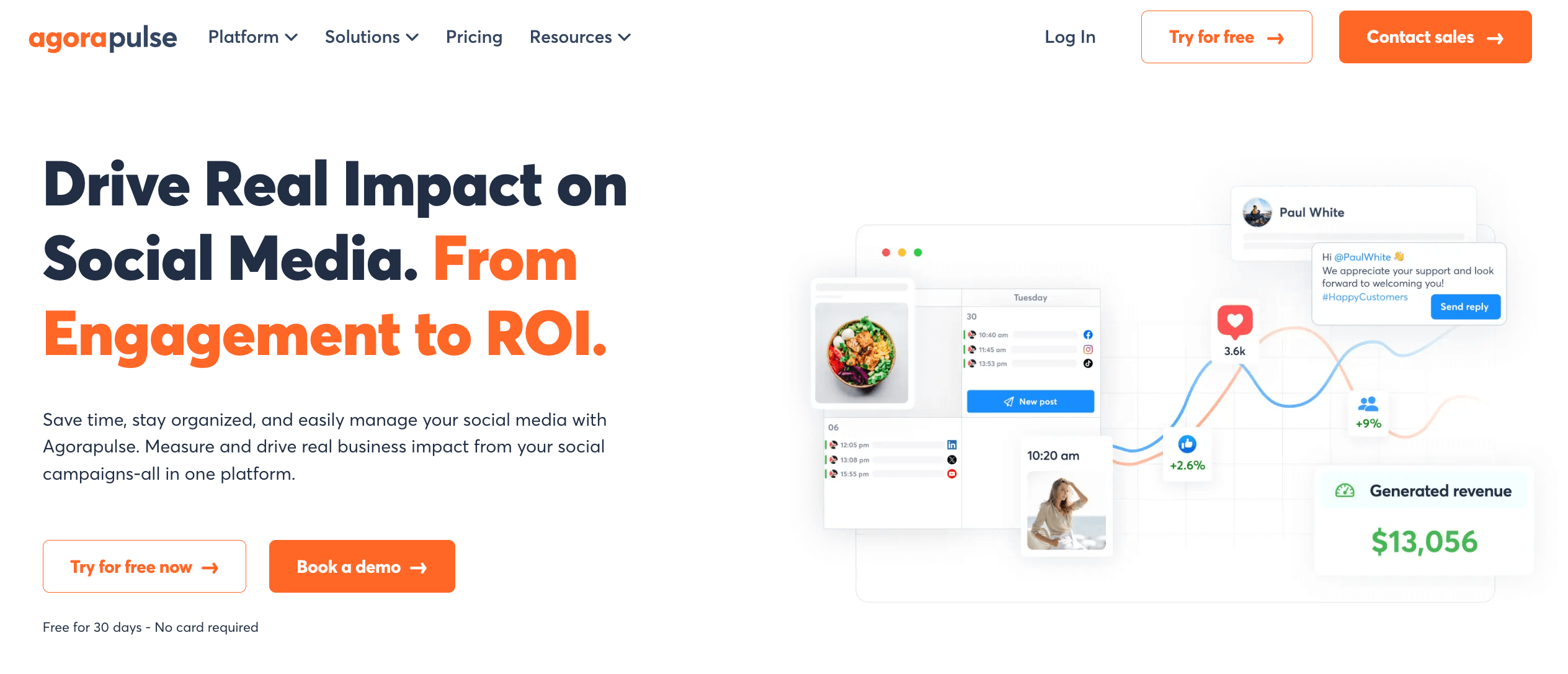 Agorapulse homepage showcasing social media management for driving engagement and ROI with scheduling, analytics, and revenue tracking.