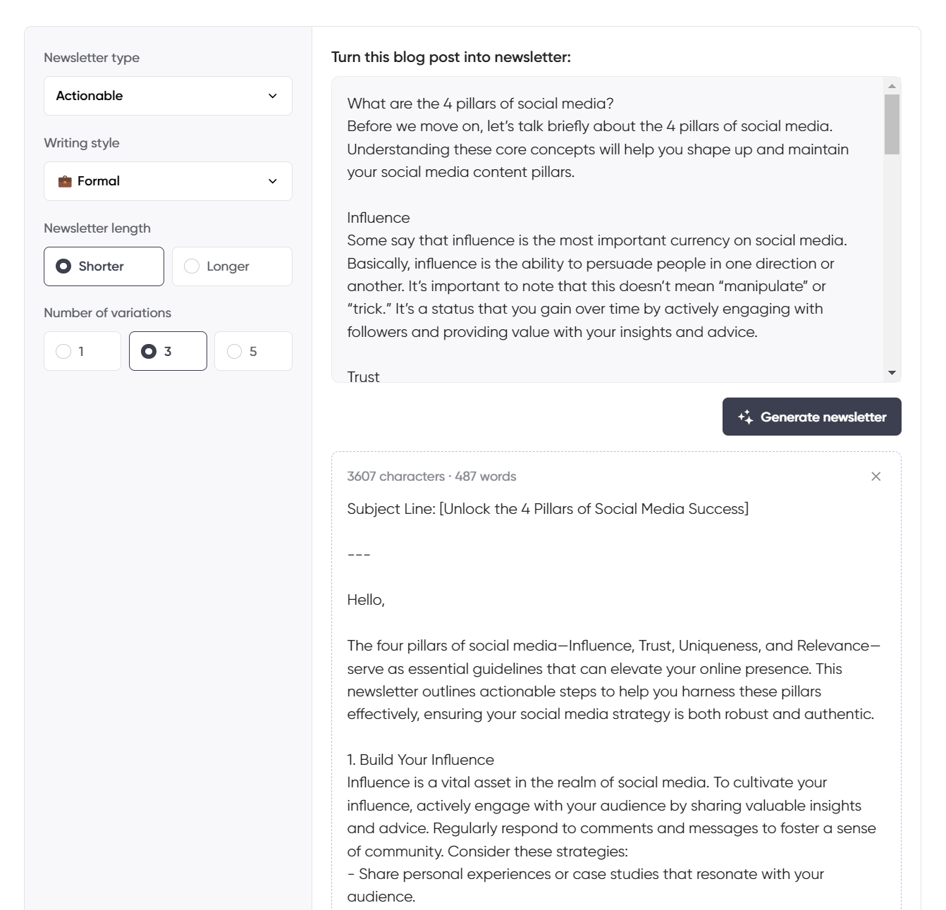 A blog post to newsletter generation tool interface focused on the four pillars of social media, featuring options for actionable content, formal writing style, and shorter newsletter length.