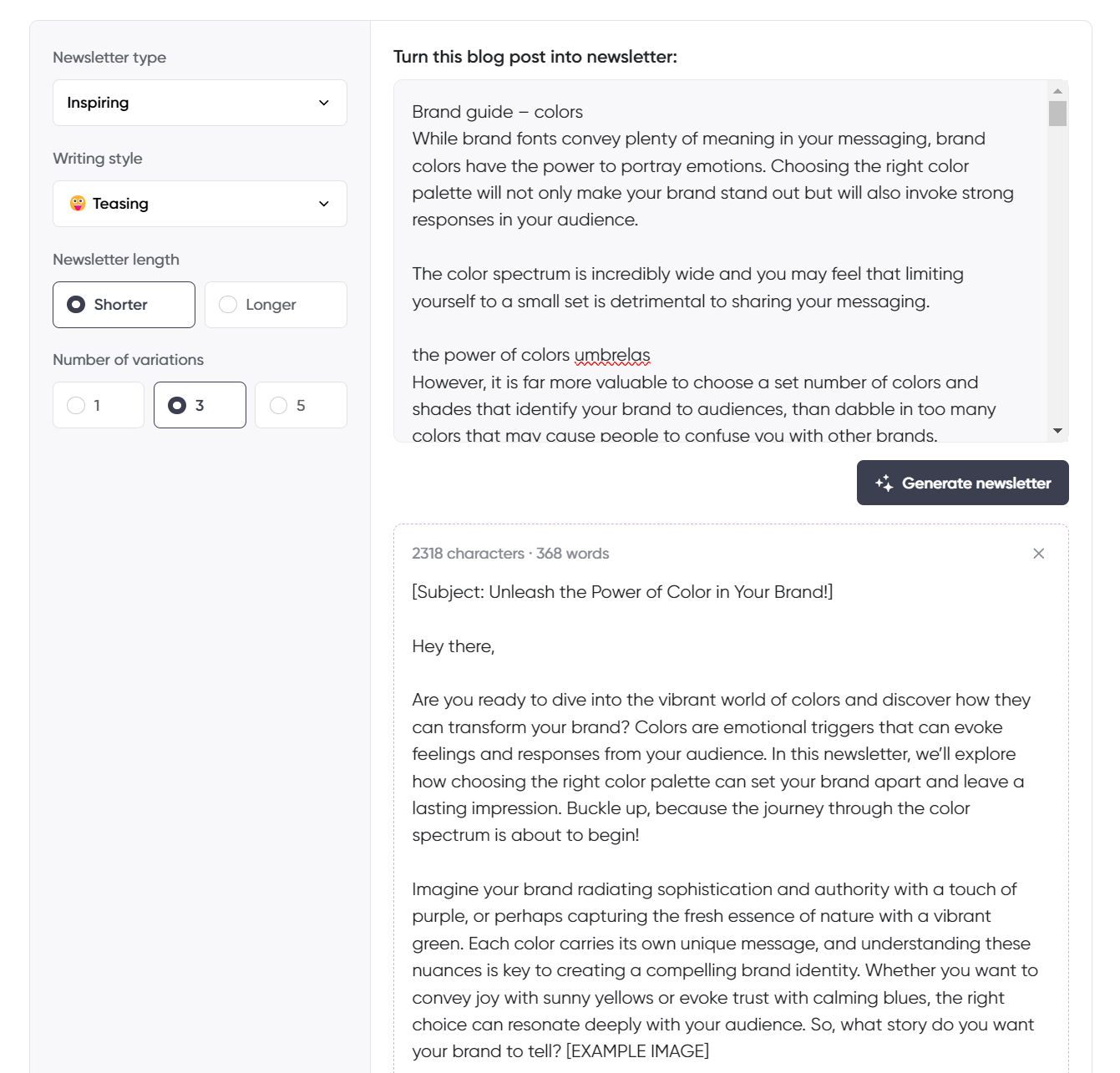 A blog post to newsletter generation tool interface focused on brand color strategy, offering options for inspiring content, teasing writing style, and shorter newsletter length.