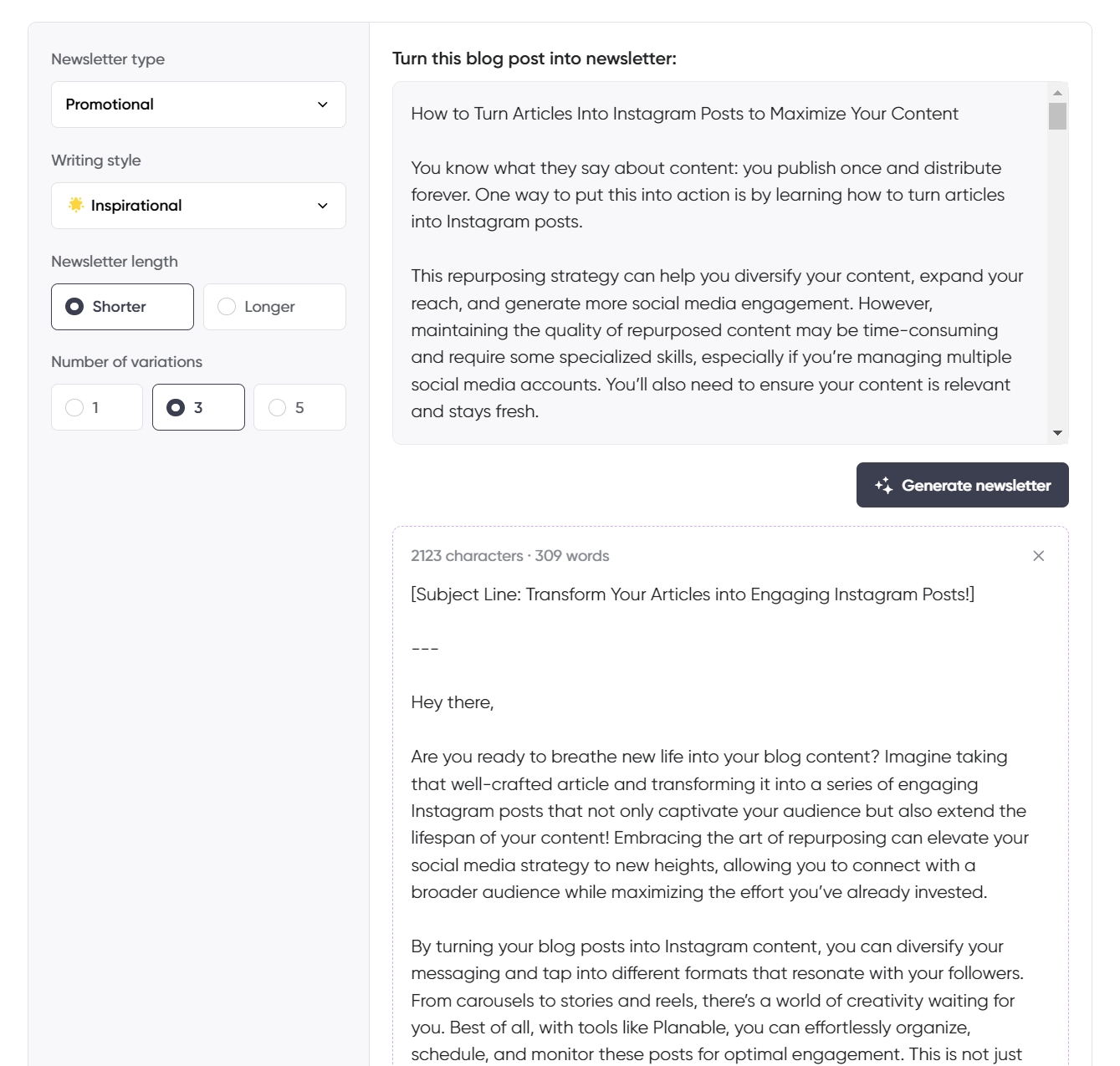 A blog post to newsletter generation tool interface focused on repurposing articles into Instagram posts, featuring options for promotional content, inspirational writing style, and shorter newsletter length.