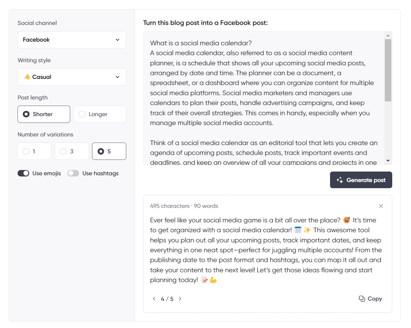 A blog post to social media AI generator tool interface showing Facebook post generation settings, including writing style, post length, and number of variations.