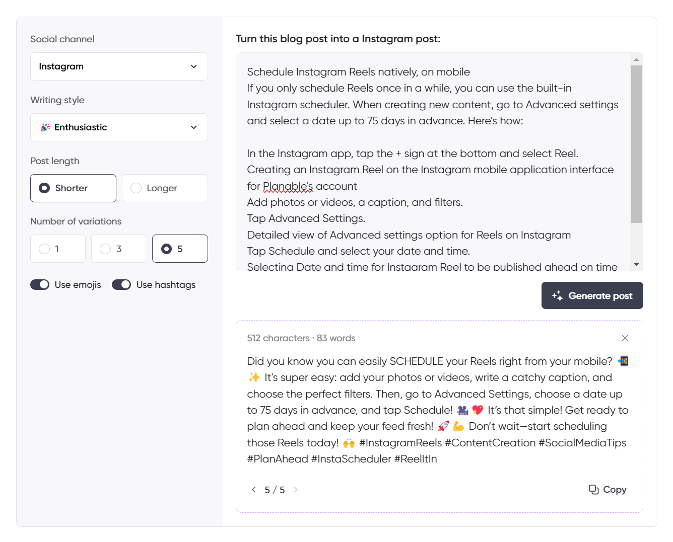 A blog post to social media AI generation tool interface displaying a repurposed section about scheduling Reels, including options for writing style, post length, and hashtag suggestions.