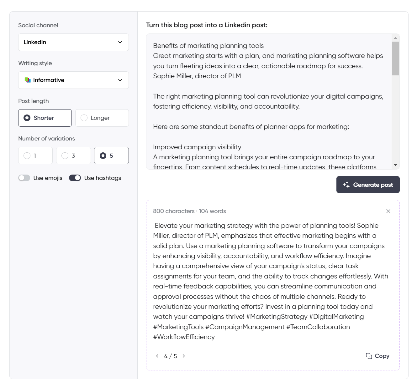 A blog post to social media AI generation tool interface showing options for creating an informative LinkedIn post about marketing planning tools, including writing style and post length.