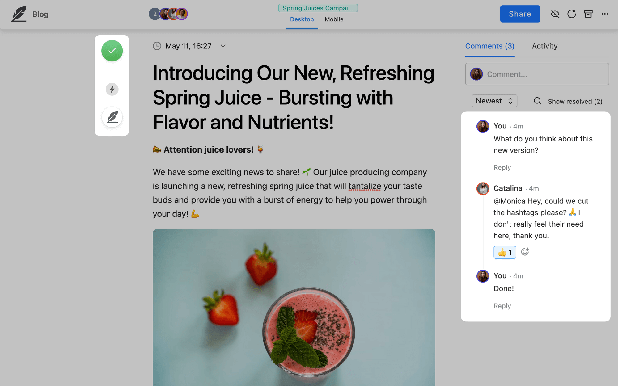 A draft blog post in Planable announcing a new spring juice launch with team members discussing edits in the comments section. Image of a strawberry smoothie below.