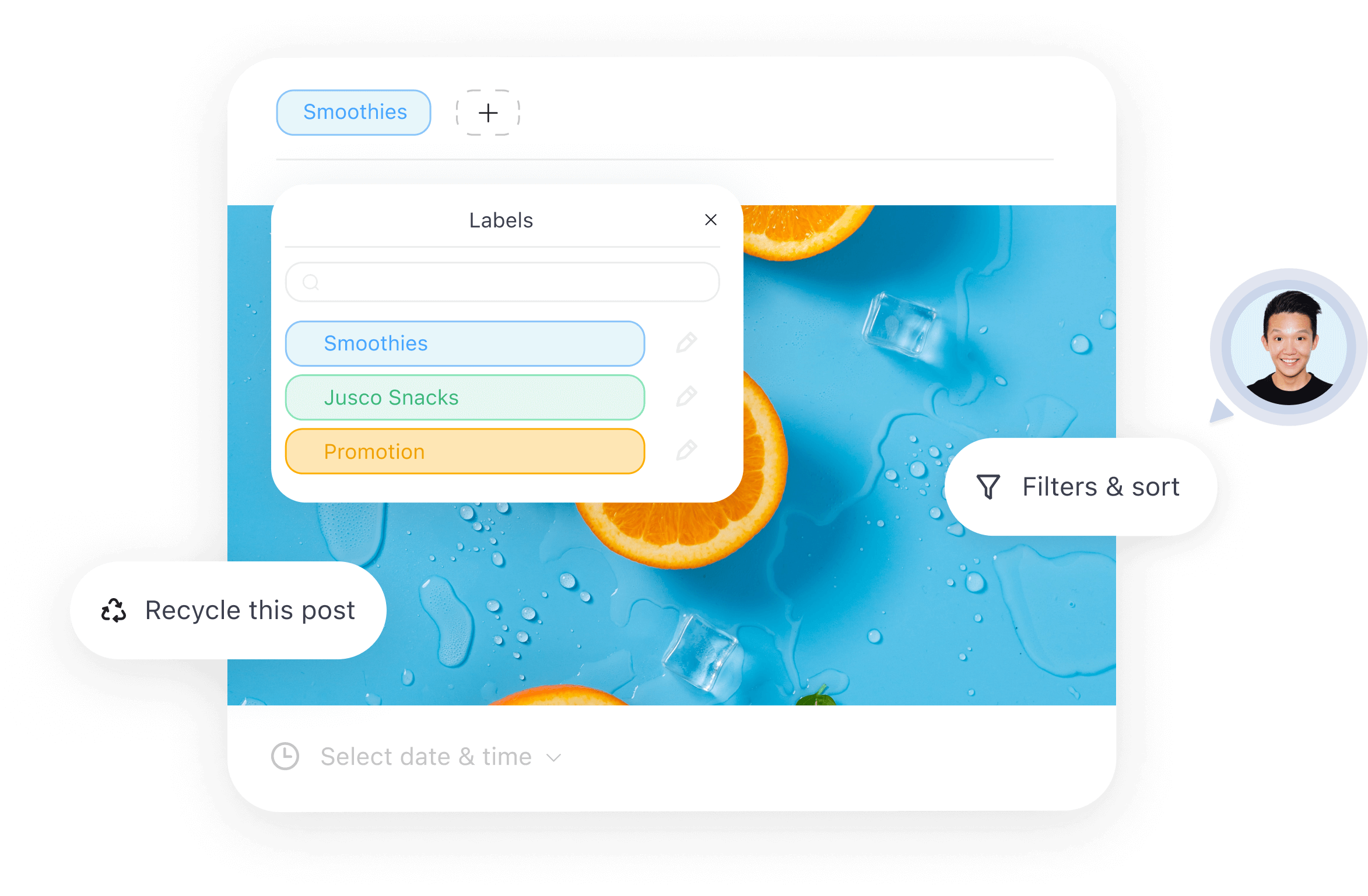 Social media post editor in Planable showing label options like smoothies, Jusco snacks, and promotions, with options to filter, sort, and recycle the post.