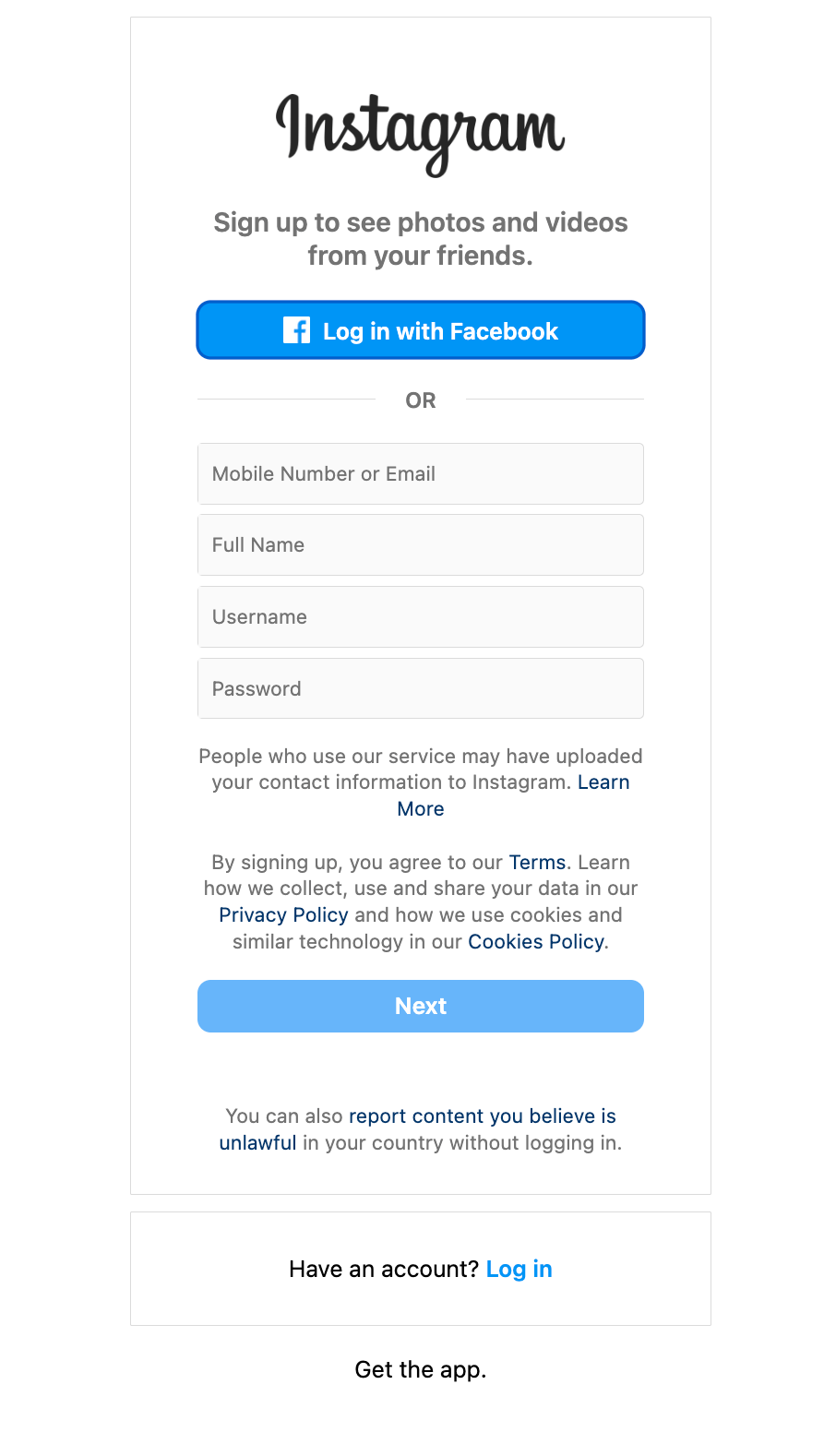 Instagram sign-up page with fields for mobile number or email, full name, username, and password, and the option to log in with Facebook.